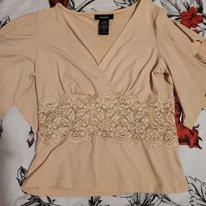 Express Lace Blouse Cream Tan Beige Medium V Neck